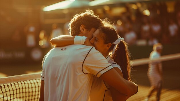 Photo man and woman embracing on tennis court