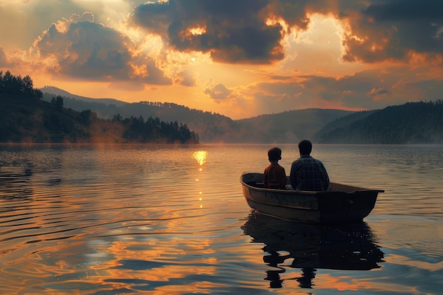 A man and a woman enjoying a peaceful boat ride on a serene lake Suitable for travel or leisure concepts