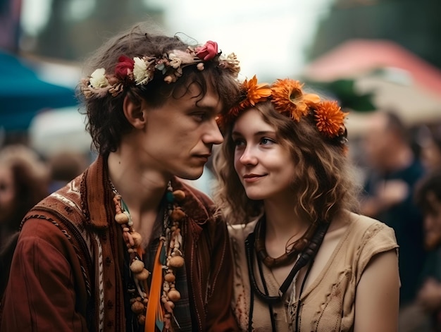 A man and a woman in a festival wearing a flower crown