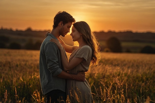 a man and woman in a field with the sun behind them