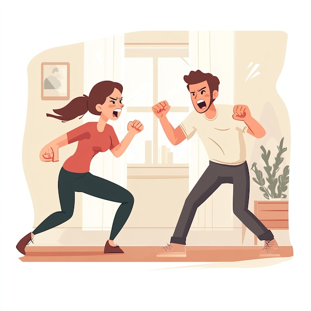 Photo man and woman fighting at home flat vector illustration cartoon couple fighting at home aggressive m