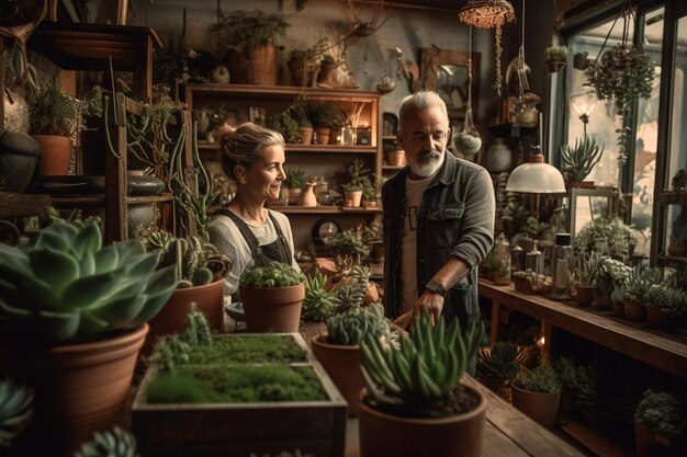 A man and woman in a flower shop