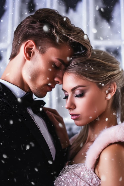 A man and woman in front of a snow covered window