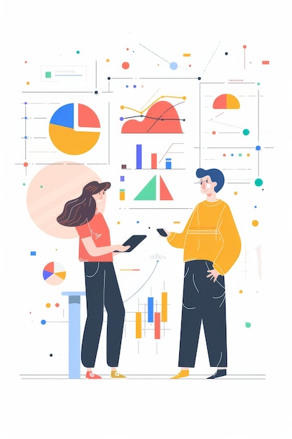 Photo a man and woman next to graphs and diagrams representing statistics infographics and data