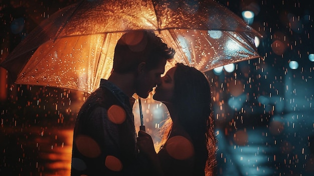 Man and woman hiding under umbrella in the rain