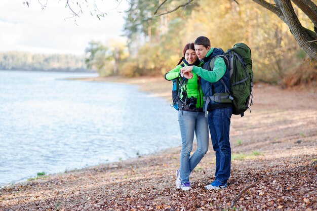 Man and woman hikers hiking