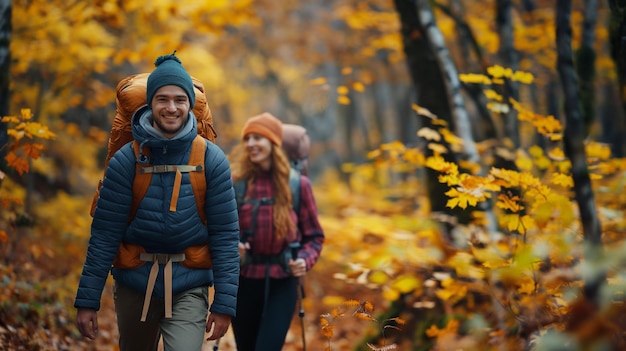 a man and woman hiking in a forest with trees covered in yellow leaves