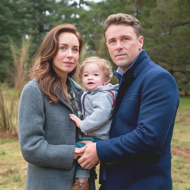 a man and woman holding a baby and wearing a jacket