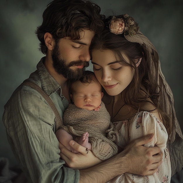 a man and a woman holding a baby and the words  baby  on the chest