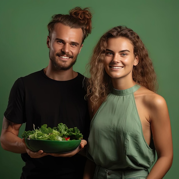 Photo a man and woman holding a bowl of salad