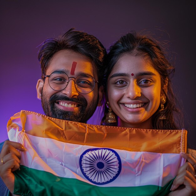 a man and a woman holding a flag that says quot india quot