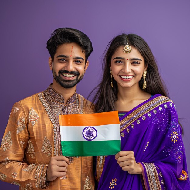 a man and a woman holding a flag with the word india on it