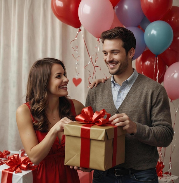 a man and a woman holding a gift with a red ribbon