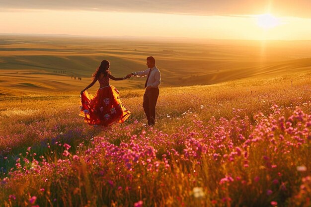 Photo a man and a woman holding hands in a field of flowers