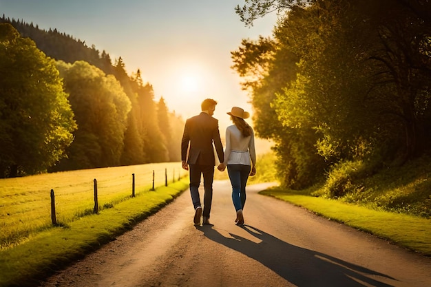 a man and woman holding hands while walking down the road 2