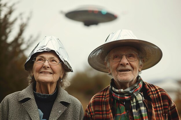 man and woman holding metallic hats exaggerated emotions futuristic spaceship ufos in the sky conspiracy theory concept sunlight