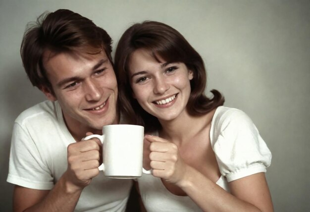 Photo a man and a woman holding mugs that say quot they are holding up quot