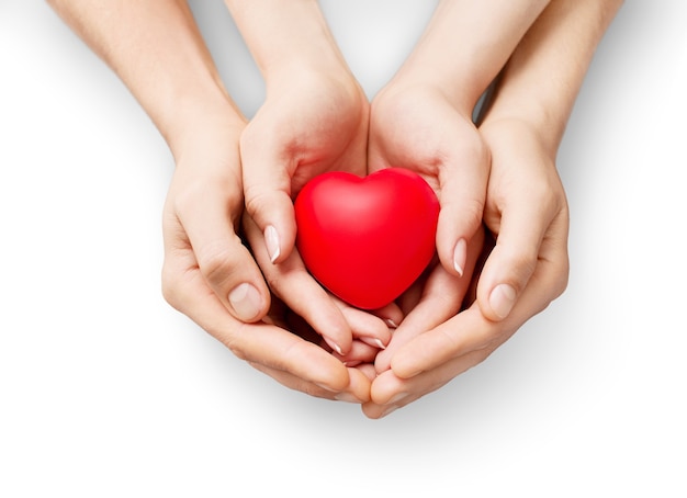 Man and woman holding red heart in hands isolated on white