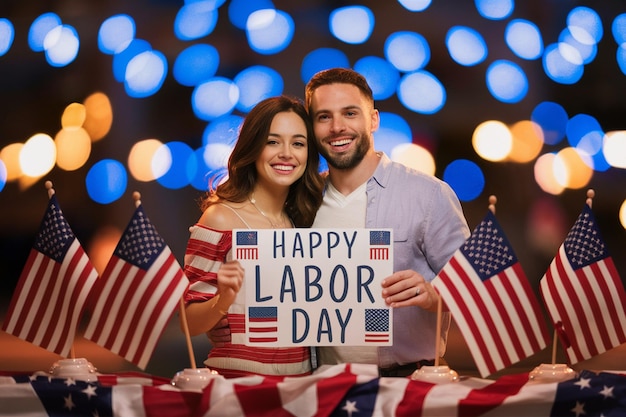 Photo a man and woman holding a sign that says happy day on it