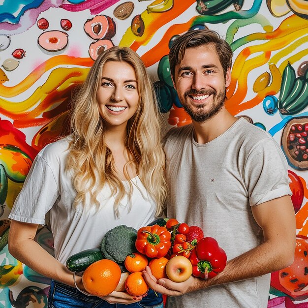 Photo a man and woman holding vegetables and a woman holding a bunch of vegetables