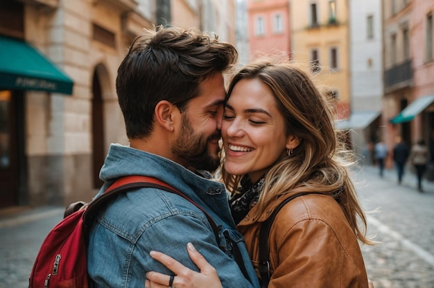 Photo a man and woman hug in the city