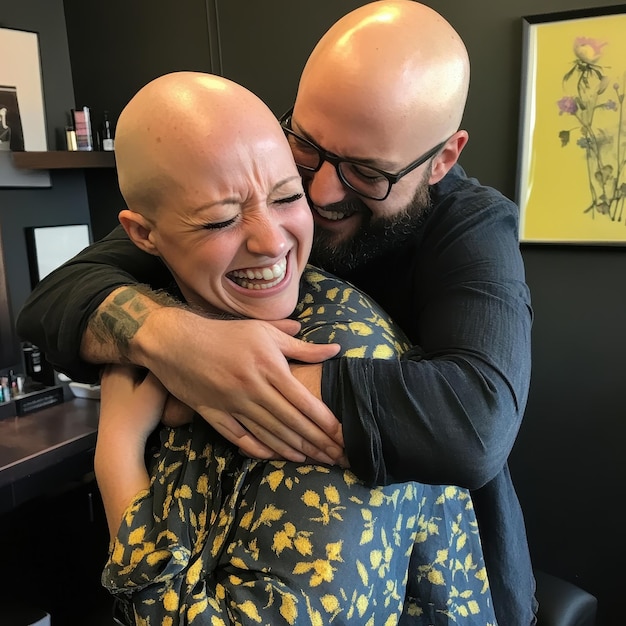 a man and a woman hug each other in front of a painting