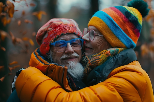 a man and woman hug each other with a beard