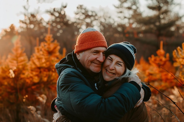 a man and woman hug in a field of orange trees