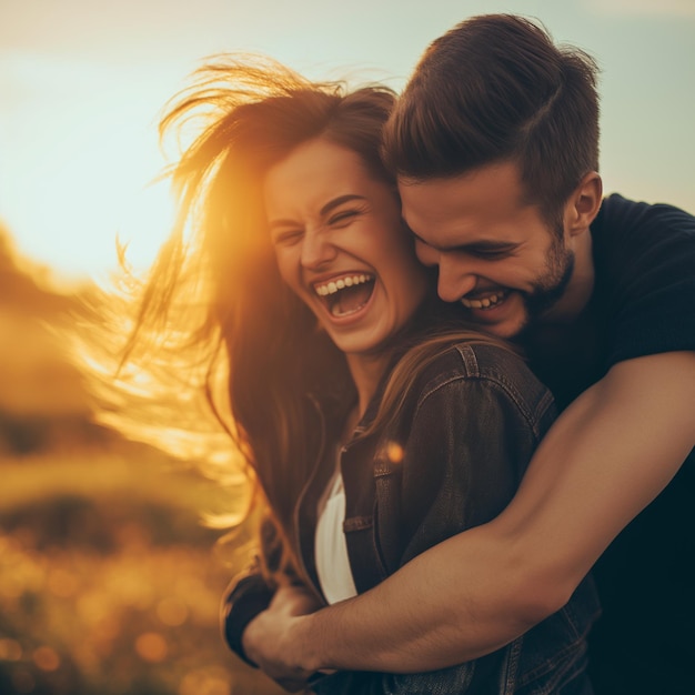 a man and woman hug and smile at sunset friendship day