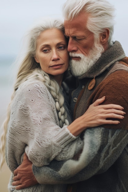 A man and woman hugging on a beach