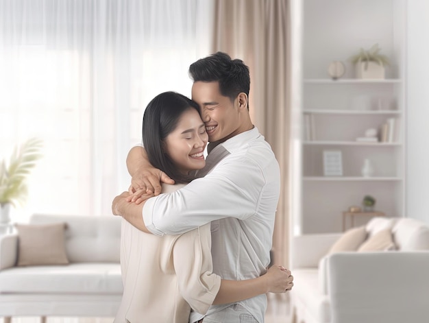 a man and woman hugging each other in a room