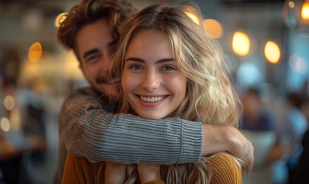 a man and woman hugging each other with a smile that says quot