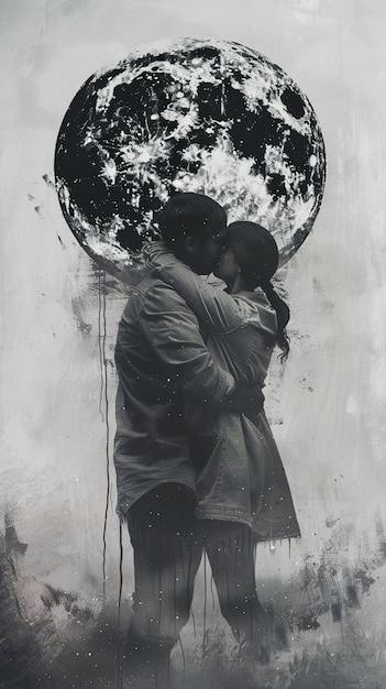 Photo a man and woman kissing in front of a painting of a moon