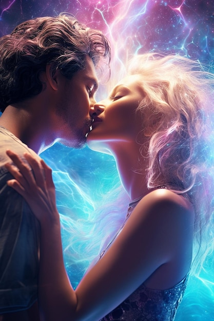 man and a woman kissing in a galaxy