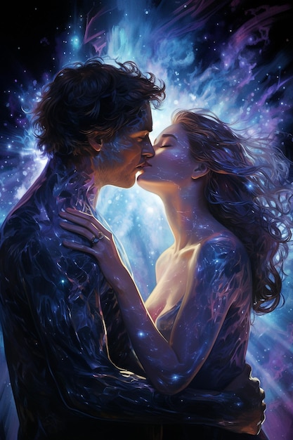 man and a woman kissing in a galaxy