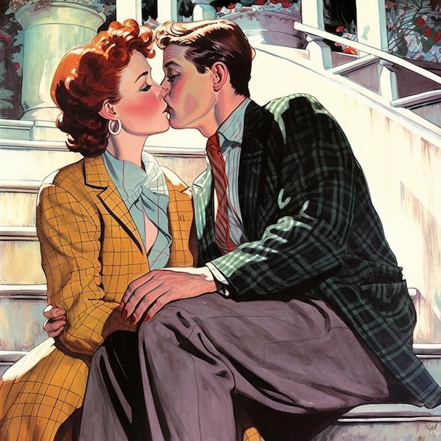 A man and woman kissing on the steps of a house.