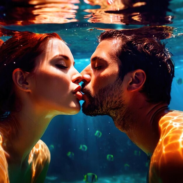 Photo man and woman kissing underwater romantic love affection while very wet