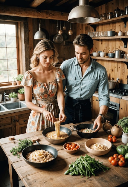 a man and woman in a kitchen cooking food