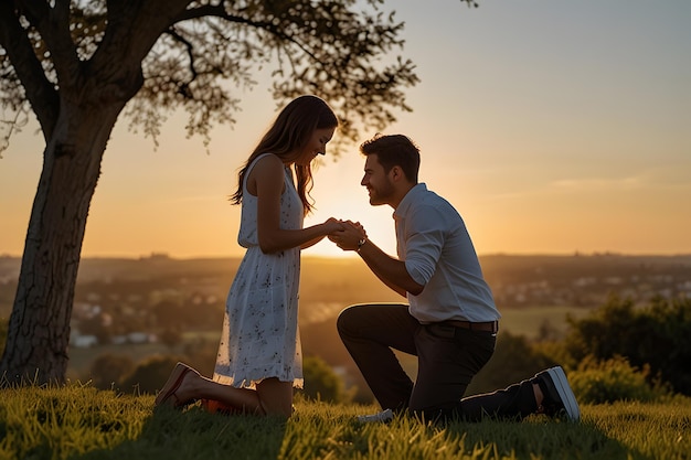 a man and woman kneeling in the grass the girl gives a flower to the man