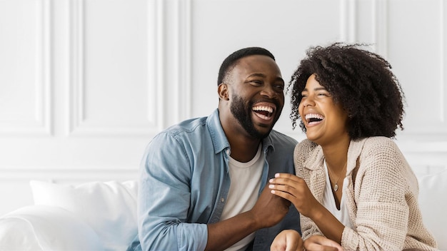 a man and woman laughing and laughing together on a couch