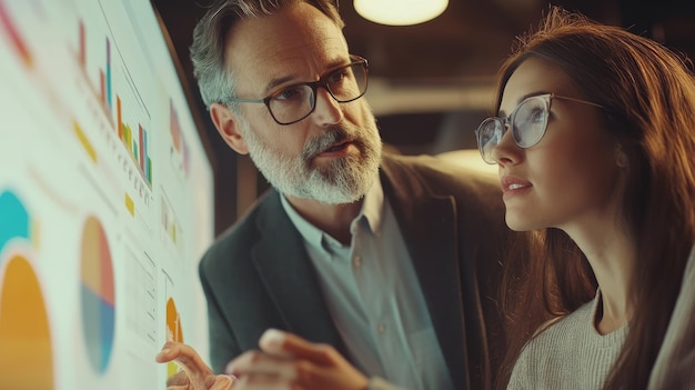 Photo a man and a woman looking at a board with a woman looking at it