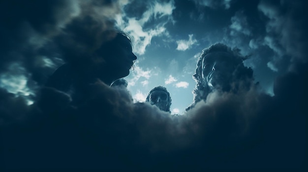 A man and woman looking at the clouds with the words'the sky is blue '