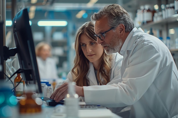 Photo a man and a woman looking at a computer screen