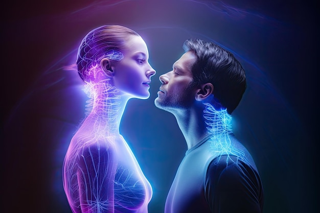 Man and woman looking at each other with digital body scan over dark background Man and woman with joint pain in their heads conceptual image hologram AI Generated