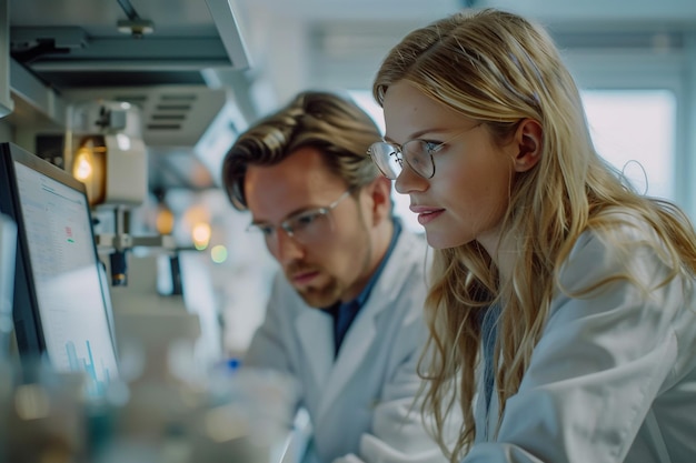 Photo a man and a woman looking at a lab with a lab coat on