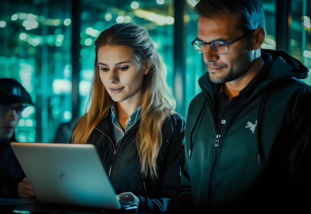 Photo a man and a woman looking at a laptop