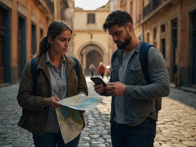 Photo a man and woman looking at a map on a street