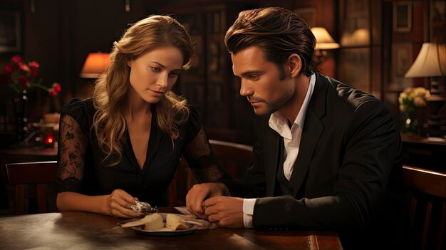 Photo a man and woman looking at a plate of food with a candle in it.