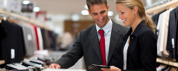 a man and woman looking at a tablet with the words  personal  on the screen