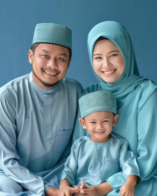 A man and woman lovingly pose with a child for a family portrait